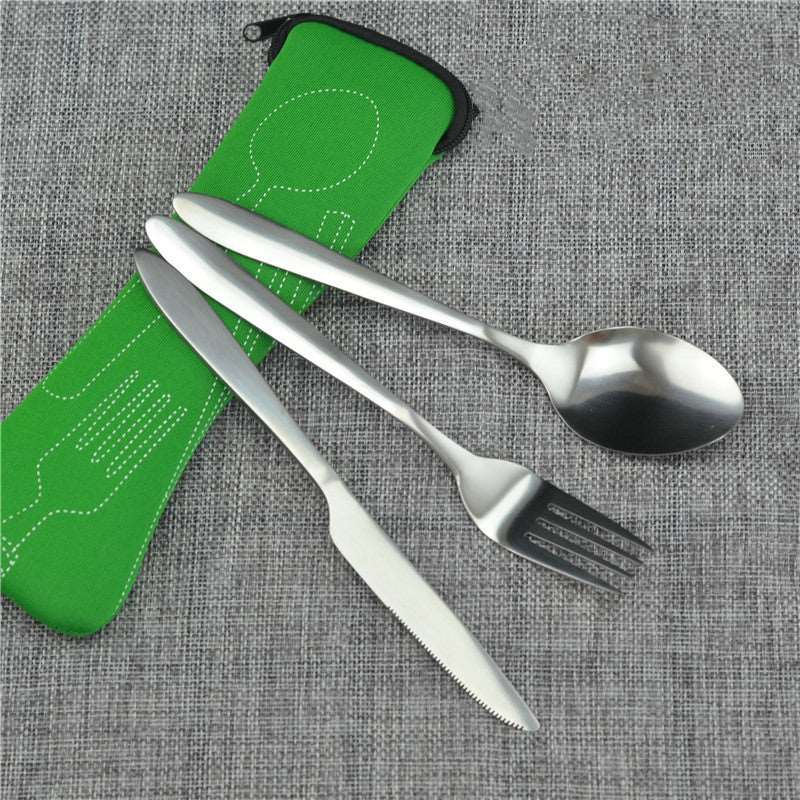 Cookware - Stainless Steel Camping Cutlery set with Storage Bag Green