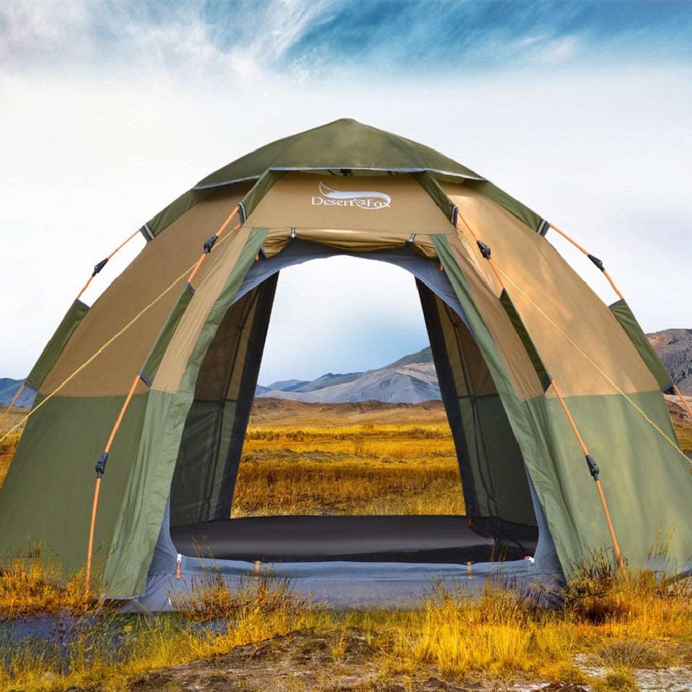 Tent - 6 Man large Hexagonal, Fast & Easy, Automatic Setup Khaki 5to8 people.