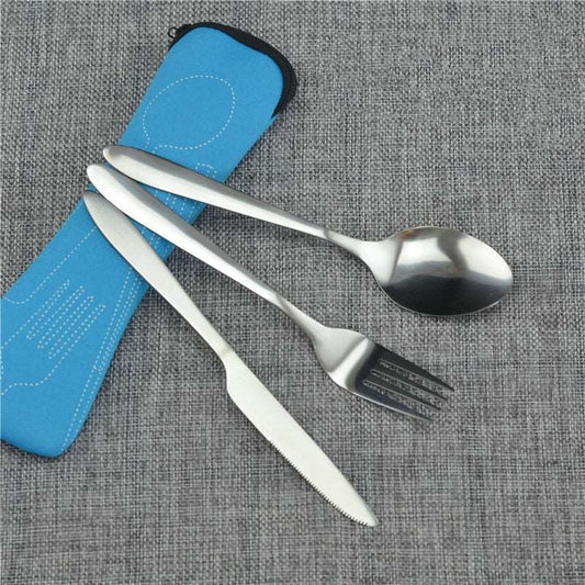 Cookware - Stainless Steel Camping Cutlery set with Storage Bag Blue